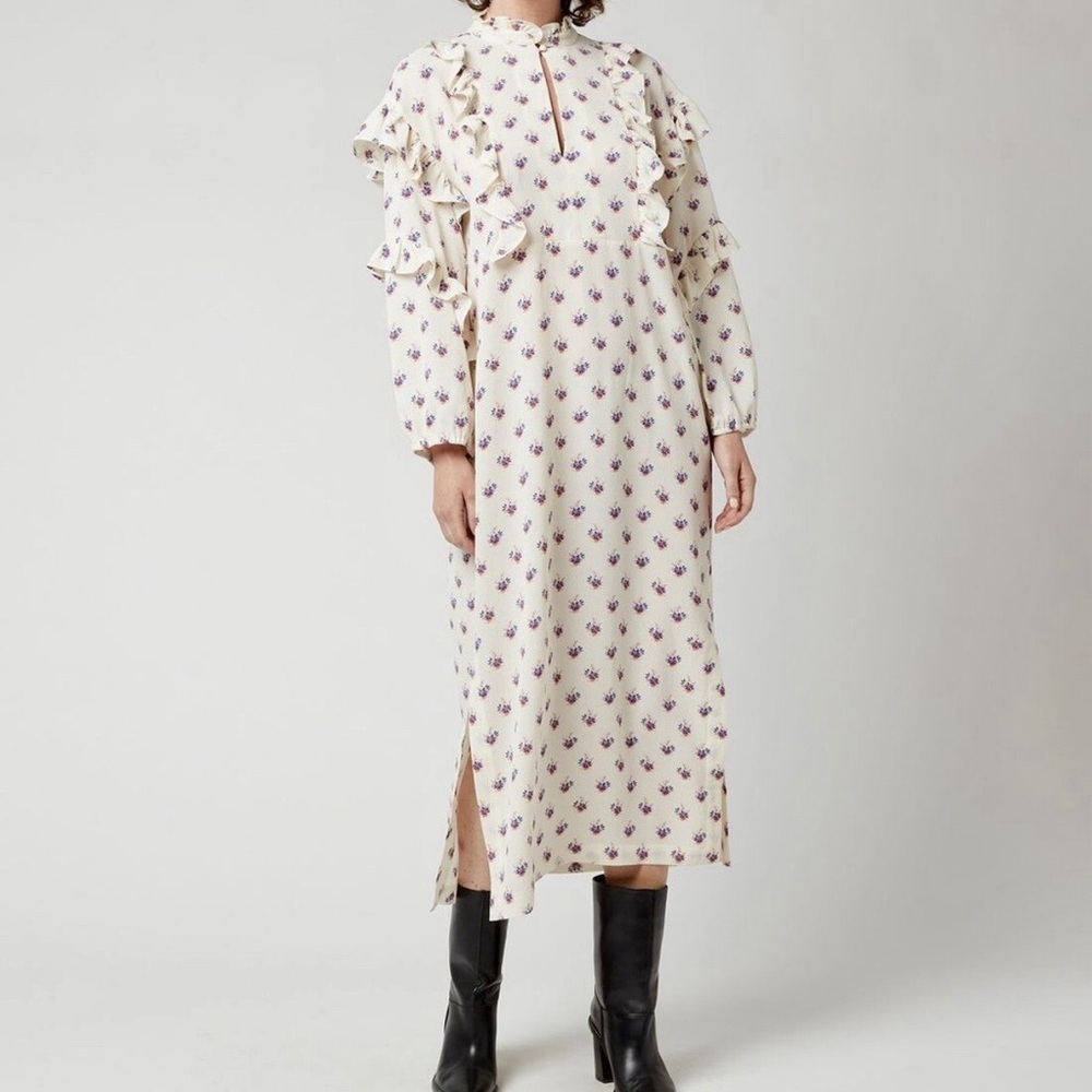 Floral Ruffle Midi Dress in Cream